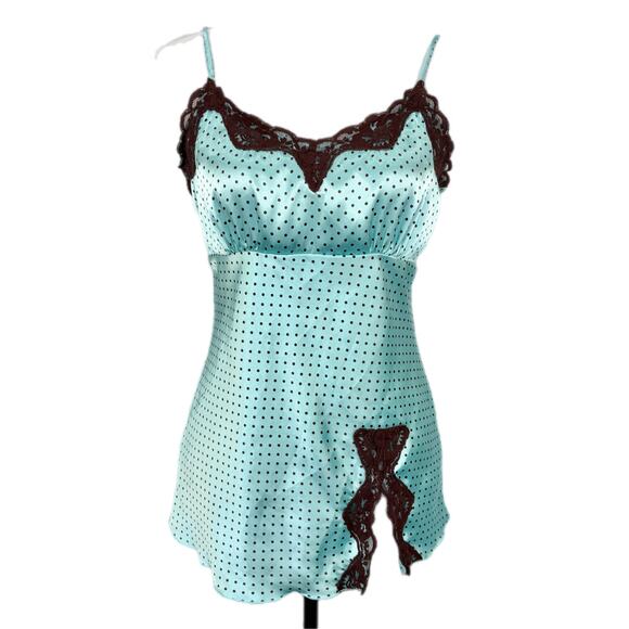 Y2K Satin Mint Green Brown Polka Dot Lace Trim Tank - Women's M - Picture 1 of 5